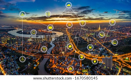 smart city and wireless communication network, abstract image visual, internet of things. Hochiminh city, Vietnam