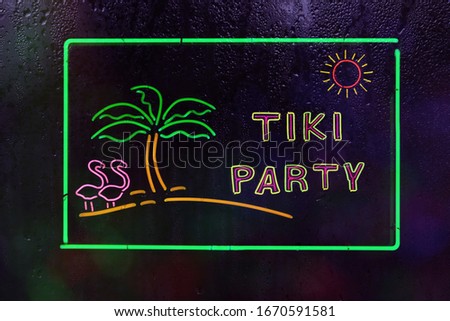 Neon Tiki Party Sign in Rainy Window