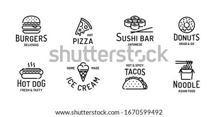 Street food logo set. Modern flat restaurant or cafe logotype. Vector design concept for burgers, pizza, sushi bar, donuts, hot dog, ice cream, tacos, noodle. Line fastfood sign illustration