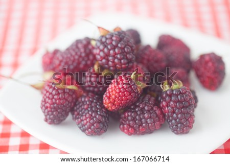 blackberries on plate on checkered fabric