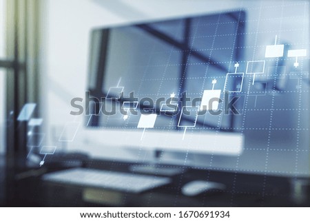 Multi exposure of abstract creative financial graph on modern computer background, forex and investment concept