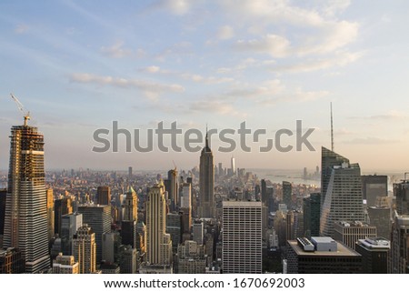 Beautiful aerial view of New York city skyline at sunset, USA