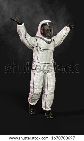 3d illustration concept. Man in virus protective biohazard suit and mask stopping coronavirus spread. Pathogen novel flu coronavirus COVID-19 global pandemic outbreak crisis with clipping path.