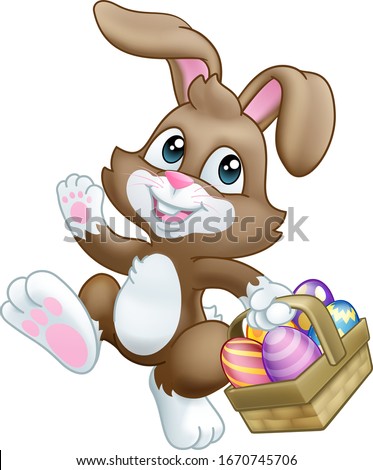 Easter bunny rabbit cartoon character holding a basket full of painted Easter eggs