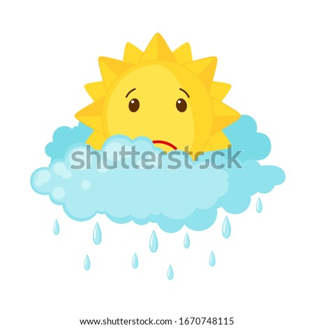 Cute sun with clouds and rain isolated on white background. Icon in flat style. Weather concept. Vector illustration.