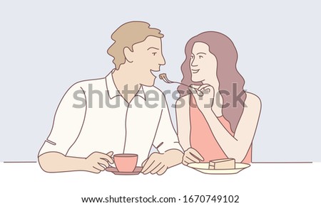 Hand drawn vector illustration of woman feeds a man. Romantic couple. 