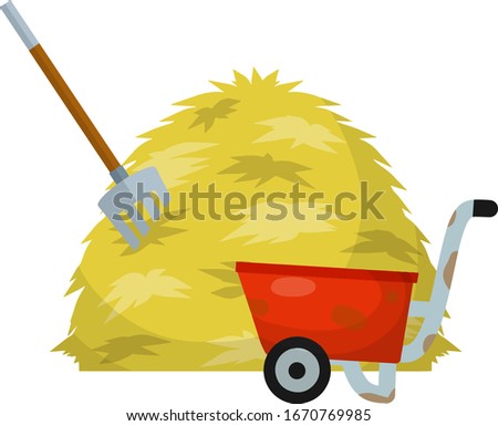 Haystack, red wheelbarrow, pitchfork. Tool for harvesting. Rural landscape. Organic food. Sheaf of wheat. Cartoon flat illustration