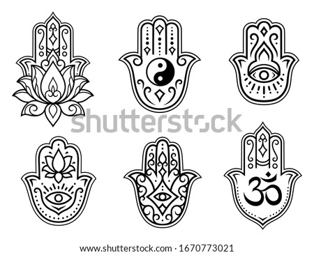 Set of Hamsa hand drawn symbol, lotus flower, Yin-Yang and OM sigils. Decorative pattern in oriental style for interior decoration and henna drawings. The ancient sign of "Hand of Fatima". Royalty-Free Stock Photo #1670773021