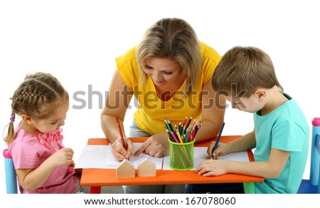 Little children drawing with mom isolated on white