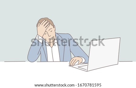 Hand drawn vector illustration of man characters sits at table with laptop and holds his head.
