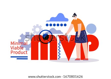 MVP illustration. Girl stands near big letters. Flat concept design of minimum viable product. Minimum viable product. Minimal valuable product.
