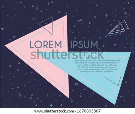 Cool flying triangles geometric banner vector design. Poster or flyer template with geometric confetti - triangles, circles, squares, cross, zigzag shapes. Banner composition with text place.