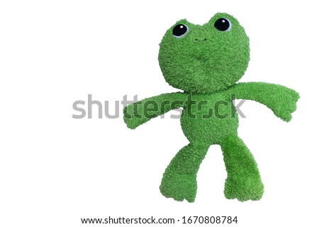 Frog doll, made of soft green fur, isolate