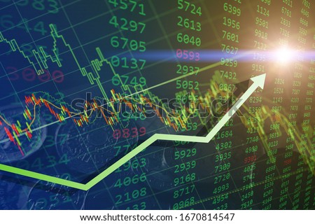 Bullish - green stock exchange market times buying hours volume chart with arrow up day trade. Royalty-Free Stock Photo #1670814547
