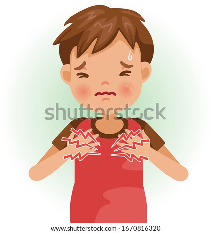 Heartburn or Chest pain. The boy is sick, Sick person and feeling bad. Cartoons showing negative gestures and feelings. The child is a patient. Cartoon vector illustration. Royalty-Free Stock Photo #1670816320