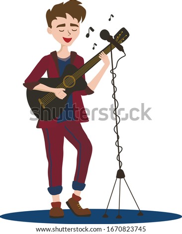 Musician with guitar and microphone sing a song. Boy in costume, cartoon, flat, character.  