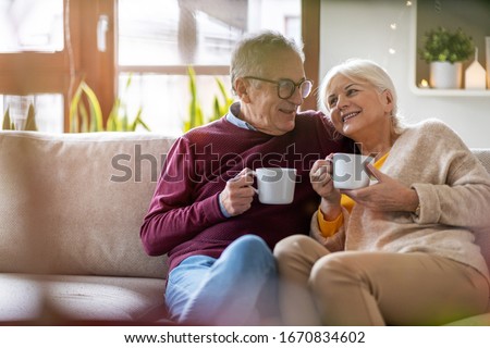 Portrait of a happy elderly couple relaxing together on the sofa at home
 Royalty-Free Stock Photo #1670834602