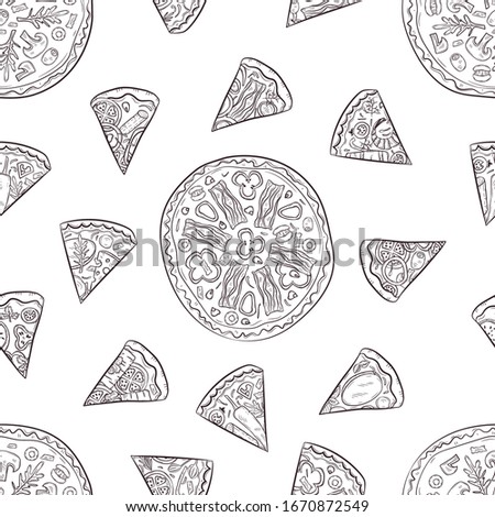  Seamless pattern with hand drawn pizza and pizza ingridients. Vector illustration