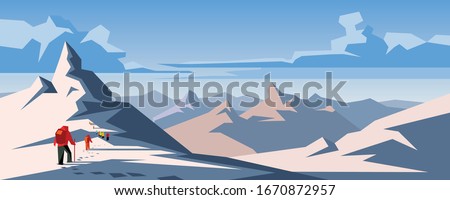 Climbers climbing mountain with snow field. Snow hills landscape. Winter snowdrift panoramic background. Cover on the theme of professional hiking