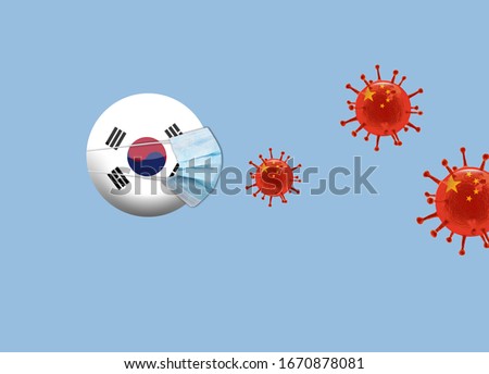 Corona virus attack concept. South Korea fight against Corona virus. Concept how coronavirus attack on south korea. Virus isolated on light blue background.