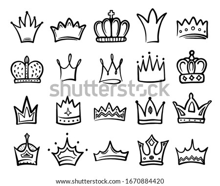 Crown icon sketch set, king or queen royal decoration. Royal jeweled king crown, imperial tiara. Vector hand drawn illustration