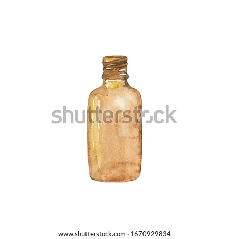 Glass brown bottle for essential oil isolated on white background. Watercolor hand drawing illustration for cosmetic design. Clip art.