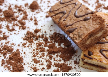 chocolate biscuit on a background of chocolate powder