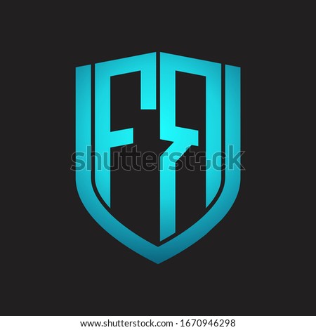 FR Logo monogram with emblem shield design isolated with blue colors on black background