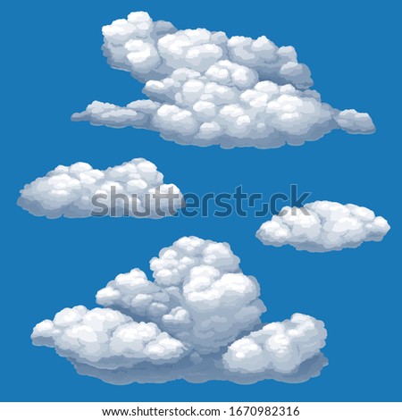Set of vector isolated images of cumulus clouds on a blue sky background.