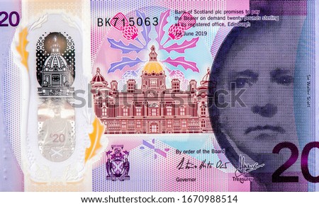 Sir Walter Scott Portrait from Scotland 20 Pound 2019 Polymer Banknotes. 