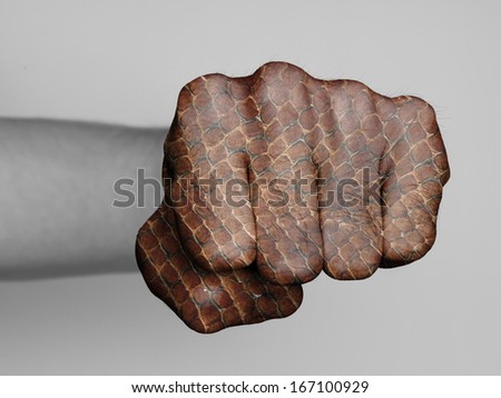Very hairy knuckles from the fist of a man punching, snake print