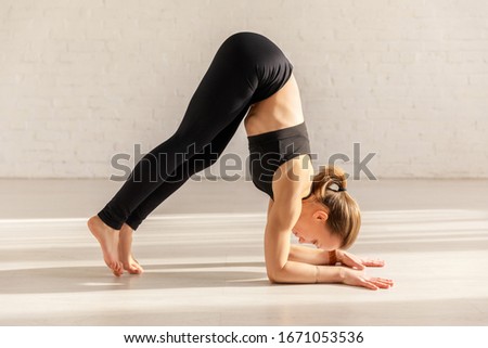 young woman with barefoot in dolphin pose practicing yoga