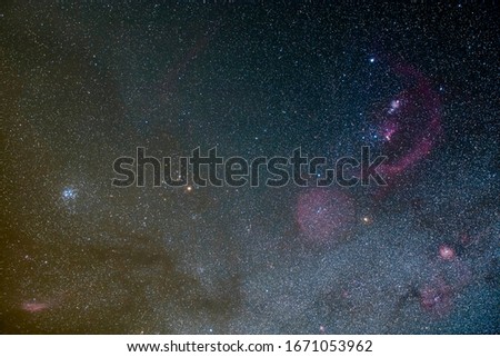 Orion Constellation with the hunter and Orion Nebulae is and amazing place on the universe. In the lower right we can see Betelgeuse a giant red star that is going to explode and create a supernova