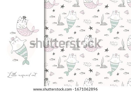 Cute sea cats illustration card and seamless pattern. Textile surface design