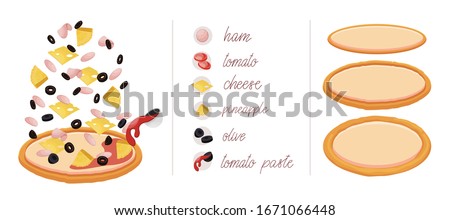 Pizza set with different vegetables and meat like ham, cheese, pineapple, tomato, olives and tomato paste. Construct your own pizza with different filling. Italian pizza and ingredients.