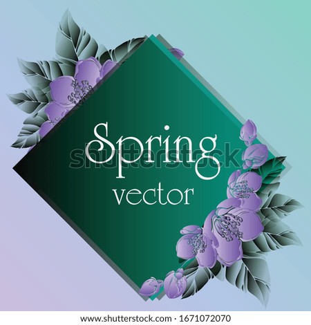 
Floral background. Spring flowers. Frame with leaves on a light green background. Delicate purple gradient.