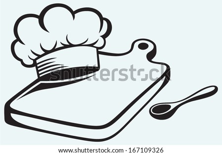Cooking. Cutting board, chef hat and spoon isolated on blue background