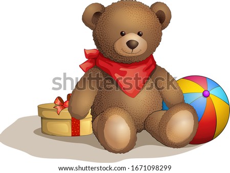 Sitting teddy bear in red scarf with gift and ball vector illustration. Isolated vector illustration for postcard