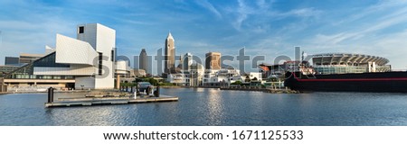 Skyline view panoramic of downtown Cleveland Ohio USA looking over the Marina by Lake Erie