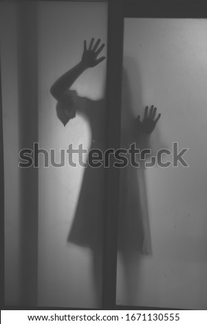 The silhouette of a human in front of a door at night.Scary scene Halloween concept of blurred silhouette,Ghost movies poster