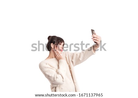 Woman on a video conference call via smartphone.  Isolated on white background.