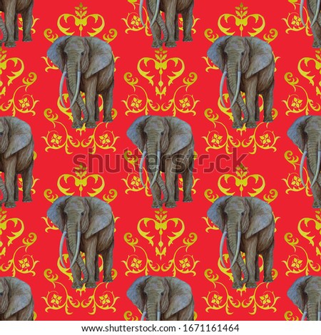 Watercolor seamless pattern with elephants on decorative background. Artwork in modern style. Creative print.
