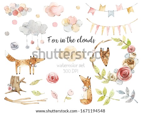 Watercolor set with fox, clouds and forest elements. Flower frame.Children cliparts with animals.