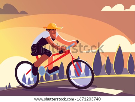 man riding bicycle outdoors, healthy lifestyle vector illustration design