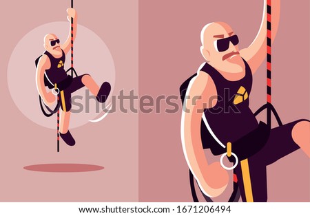 man rock climber with climbing equipment vector illustration design