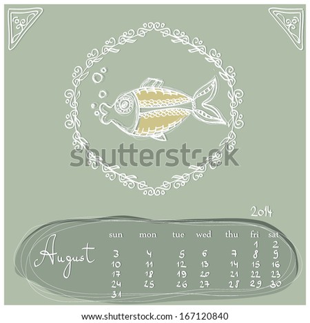 Vector illustration of a calendar page for 2014 - August - in a hand drawn whimsical style in pastel colors