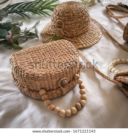 Water hyacinth bag straw bag Woven bag Bali beach rattan nature material handbag, recycle gift rustic women fashion, handmade bag product from nature, Thai product from waist, local villagers handmade