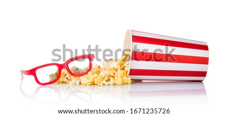Set of bucket with popcorn and 3D glasses isolated on white background, concept of watching TV or cinema.