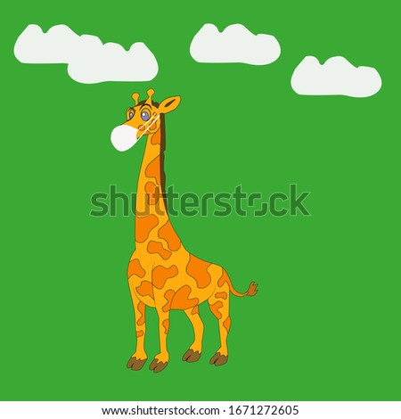 The figure shows a giraffe with a bandage, a giraffe is ill, a virus, a coronavirus. Treatment of sick animals