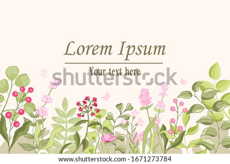 Vector illustration in simple flat style with copy space for text - background with plants and leaves - backdrop for greeting cards, posters, banners and placards.